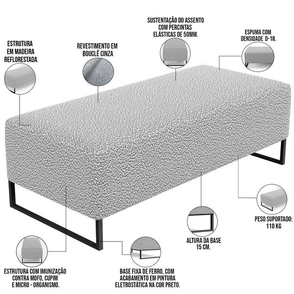 Imagem de Puff Decorativo Sala de Estar Bali W01 Base Ferro 120x50 cm Bouclê Cinza - Lyam Decor