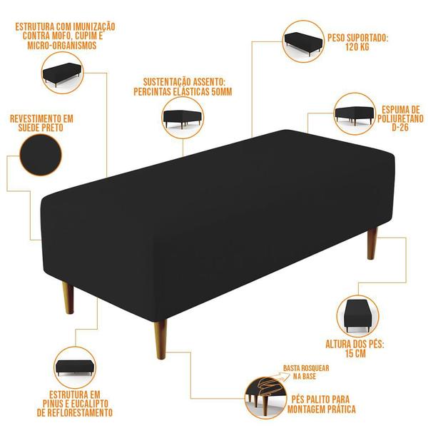 Imagem de Puff Decorativo Sala de Estar Bali W01 Pés Palito 120x50 cm Suede Preto - Lyam Decor