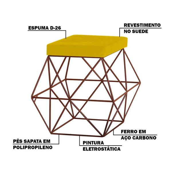 Imagem de Puff Decorativo Sala de Estar Base Bronze Trixie Suede Amarelo G41 - Gran Belo