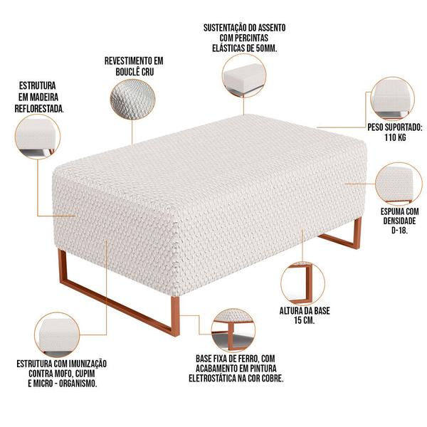 Imagem de Puff Decorativo Sala De Estar Cléo 90cm Base De Ferro Cobre W01 Bouclê Cru - Lyam Decor