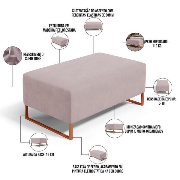 Imagem de Puff Decorativo Sala De Estar Cléo 90cm Base De Ferro Cobre W01 Suede Rosê - Lyam Decor