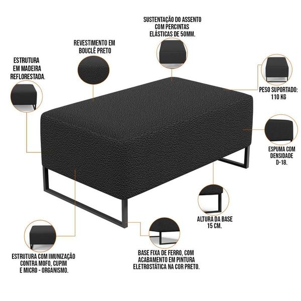 Imagem de Puff Decorativo Sala De Estar Cléo 90cm Base De Ferro Preto W01 Bouclê Preto - Lyam Decor