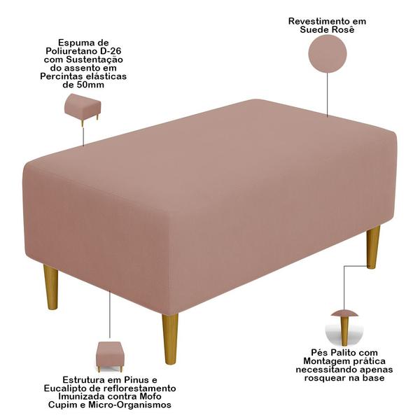 Imagem de Puff Decorativo Sala de Estar Cléo Pés Palito 90 cm Suede Rosê - Lyam Decor