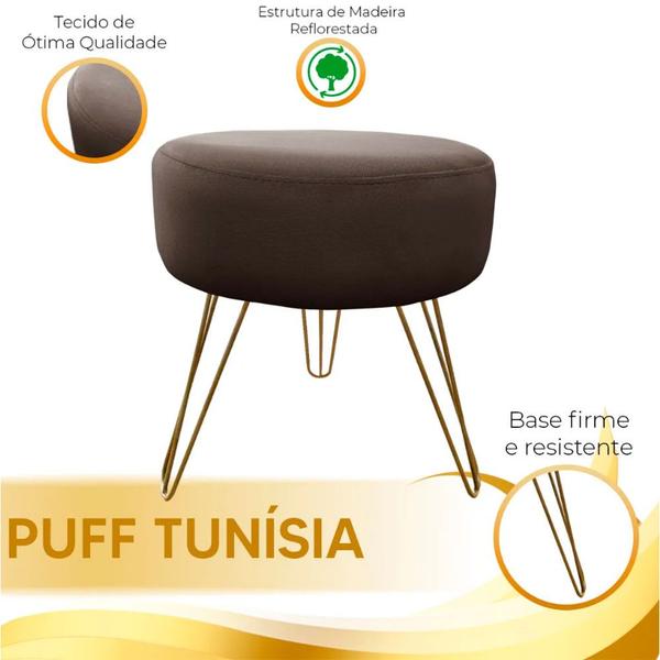 Imagem de Puff Decorativos Sala Quarto Tunísia Veludo Marrom Base Dourado - Star Confort