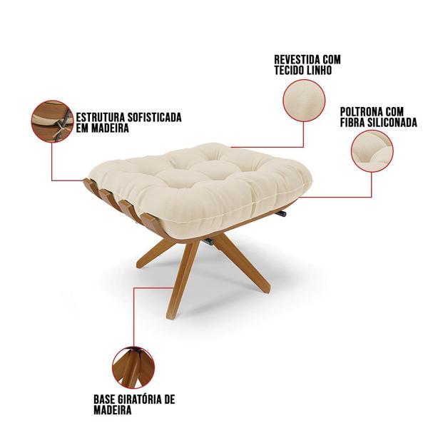 Imagem de Puff Giratório Costela Linho Bege A19 Base Madeira MA25 - D'Rossi