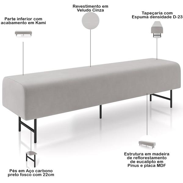 Imagem de Puff Recamier Decorativo com Pés Industrial 160cm Novara P05 Veludo Cinza - Lyam Decor