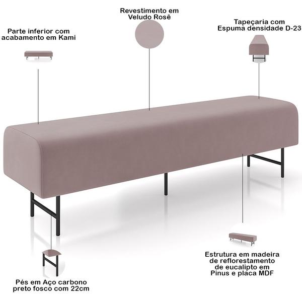 Imagem de Puff Recamier Decorativo com Pés Industrial 195cm Novara P05 Veludo Rosê - Lyam Decor