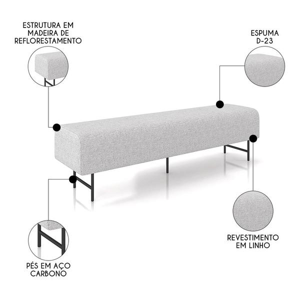 Imagem de Puff Recamier Decorativo Pés em Ferro 160cm Dublin P02 Linho Cinza Claro - Mpozenato