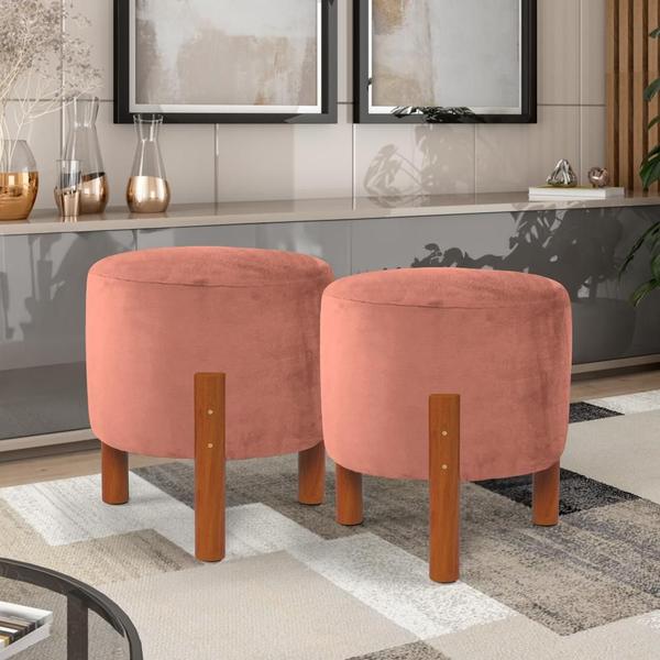 Imagem de Puff Redondo Decorativo New Zeus com Pés em Madeira Maciça Suede Rose