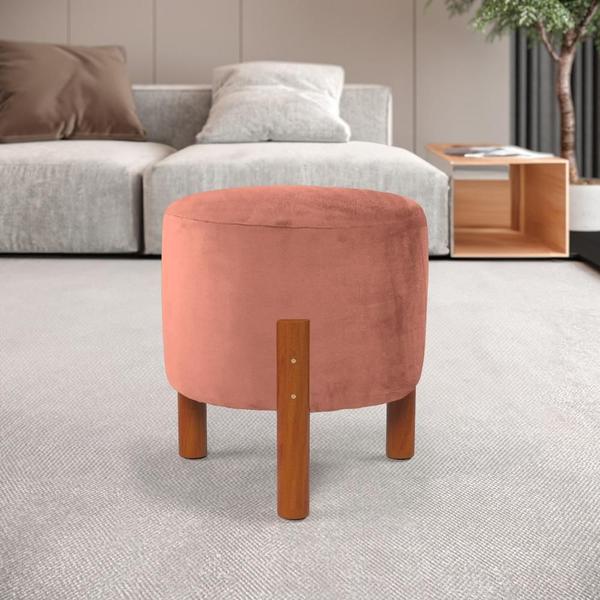 Imagem de Puff Redondo Decorativo Zeus com Pés em Madeira Maciça Linho Suede Rose