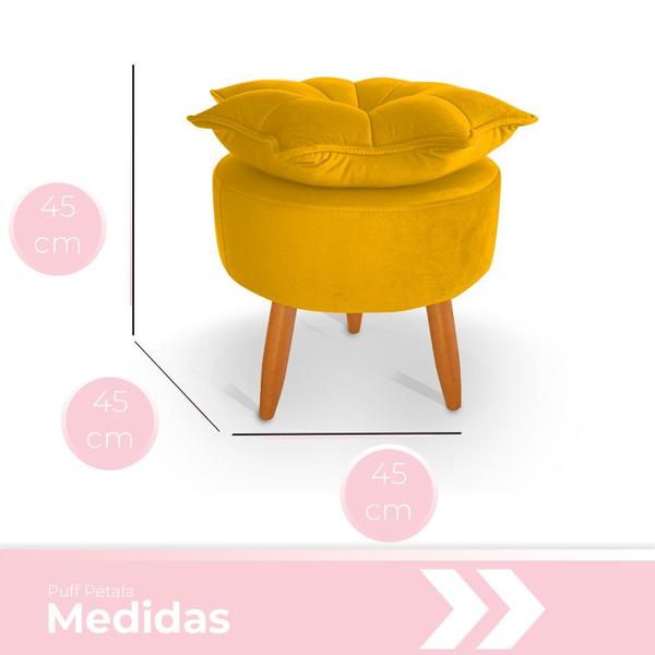 Imagem de Puff Redondo Pétala para Sala e Quarto Palito Mel Veludo Amarelo - WeD Decor