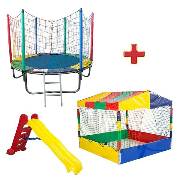 Pula Pula Trampolim 1,83m + Piscina de Bolinhas Quadrada 1,50m + Escorregador Grande - Rotoplay Brinquedos Imagem de Pula Pula Trampolim 1,83m + Piscina de Bolinhas Quadrada 1,50m + Escorregador Grande
