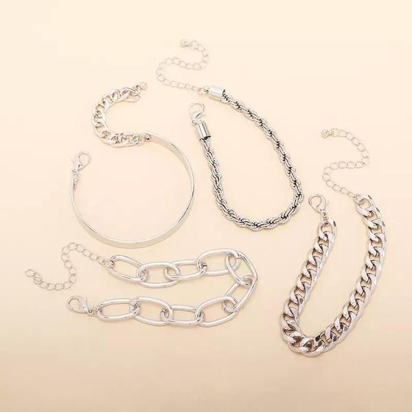 Pulseira Bracelete Prateada 4 Peças Correntes F1009 - Geral Imagem de Pulseira Bracelete Prateada 4 Peças Correntes F1009