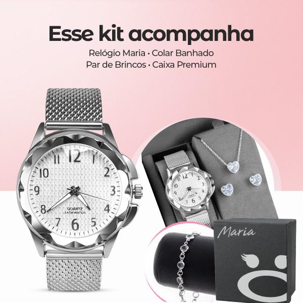 Imagem de Pulseira + colar + relogio feminino prova dagua prata silicone zirconia moda original coração