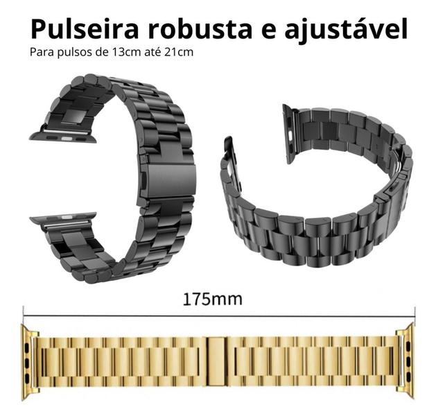 Imagem de Pulseiras Em Aço Inox Elos 3 Bandas Goma Para SmartWatch 38/40/41mm e 42/44/45/47/49mm