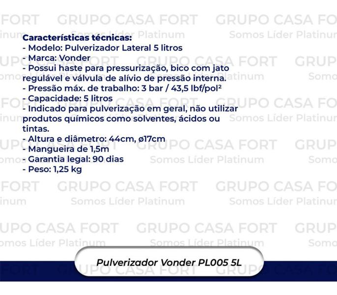 Imagem de Pulverizador Lateral Manual 5 Litros Com Compressão Prévia PL 005