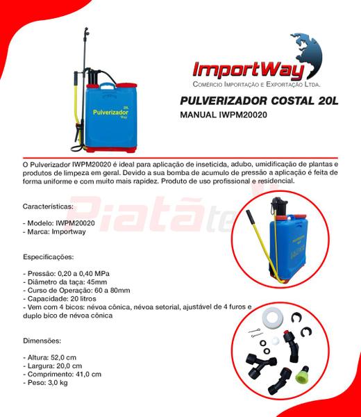 Imagem de Pulverizador Manual Costal 20 Litros Borrifador com 4 Bicos Importway Iwpm20-020