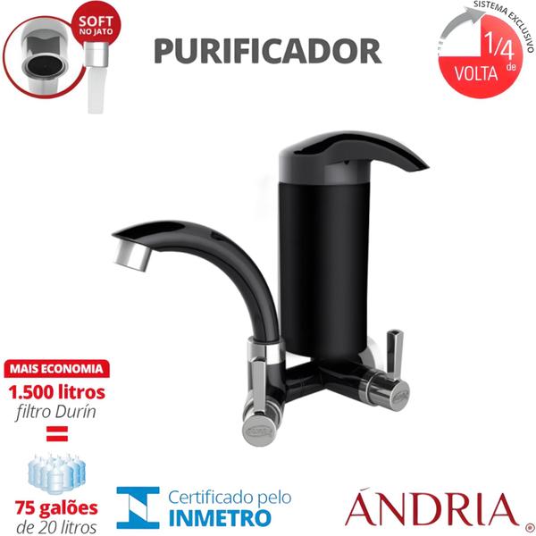 Imagem de Purificador De Água Parede Cristal 1/4 De Volta Ándria Luxo Com Bitola 1/2" - 3/4" Preto/Cromado