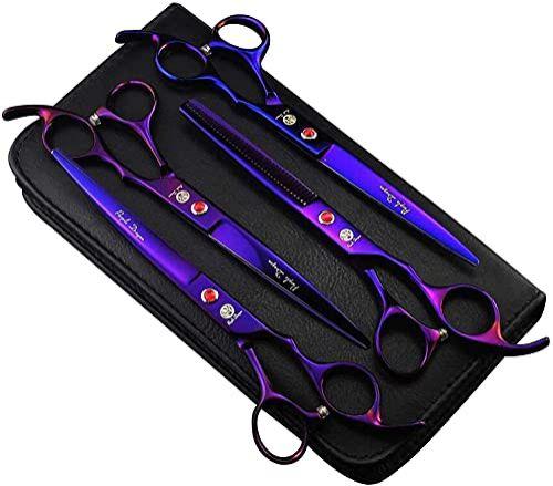 Imagem de Purple Dragon Professional 7.0 inch 4PCS Pet Grooming Tesoura Kit Japan Premium Steel Straight &amp Curved &amp Thinning Blade Dog Hair Cutting Shears Set with Case