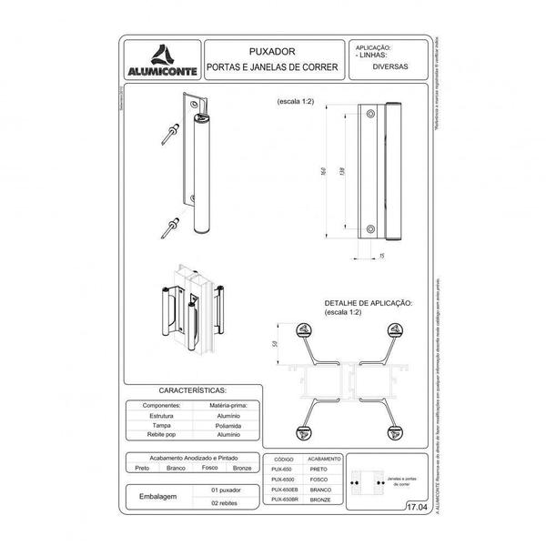 Puxador Cego para Portas e Janelas de Correr em Alumínio Branco Alumiconte PUX650EBC - 000027 Imagem de Puxador Cego para Portas e Janelas de Correr em Alumínio Branco Alumiconte PUX650EBC