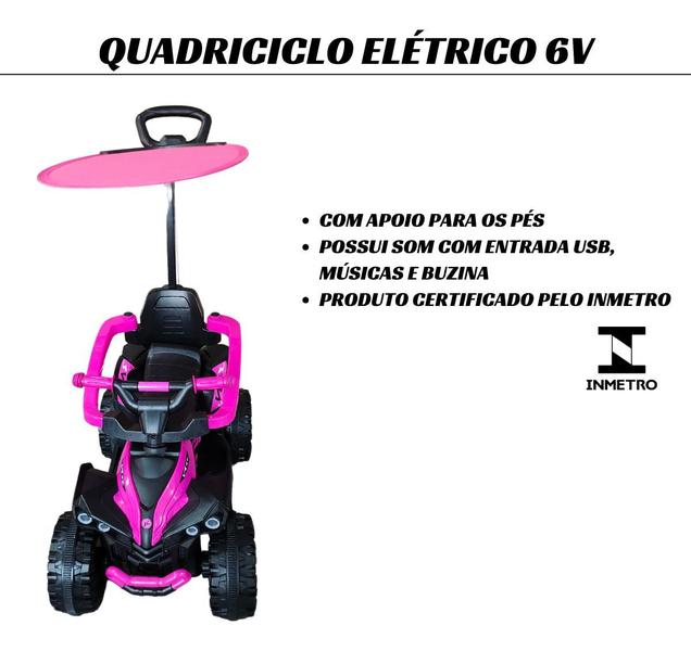 Imagem de Quadriciclo Elétrico Rosa Com Cobertura E Empurrador 6v