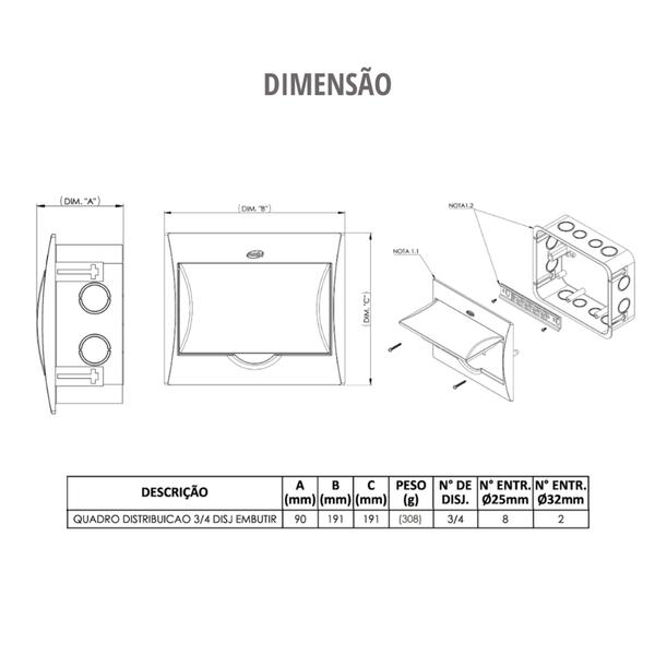 Imagem de Quadro De Distribuição Para Disjuntores 3/4 Embutir Tamanho 19,1x19,1cm Branco Durín