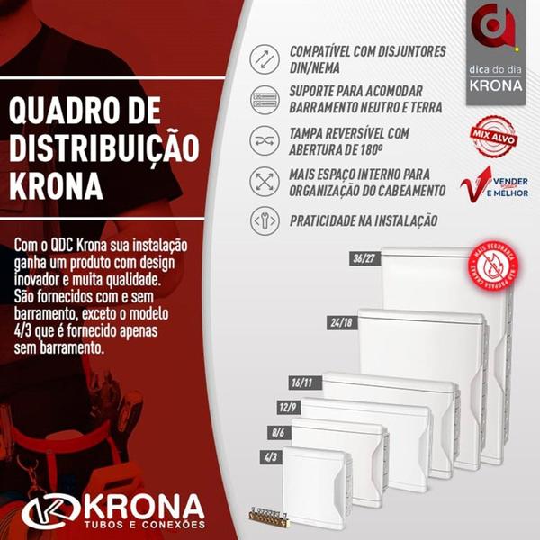 Imagem de Quadro Distribuição Krona 8 Din 6 Nema Com Barramento Embutir