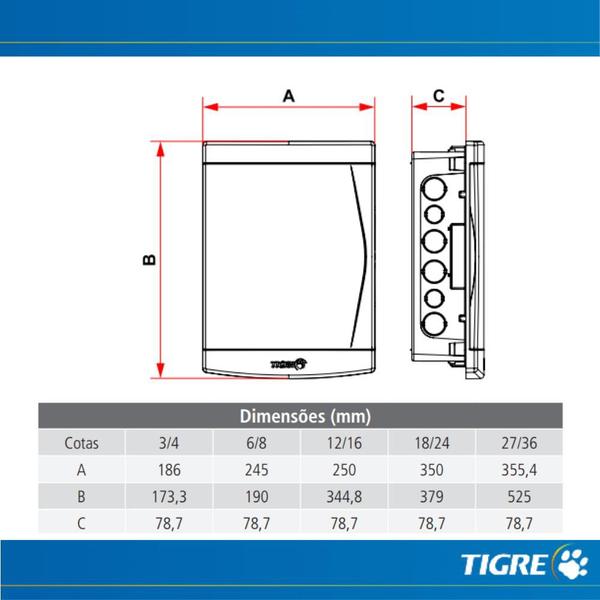 Imagem de Quadro Distribuição Sobrepor Disjuntor 6/8 C/ Barramento Instalações Branco Porta Transparente Tigre