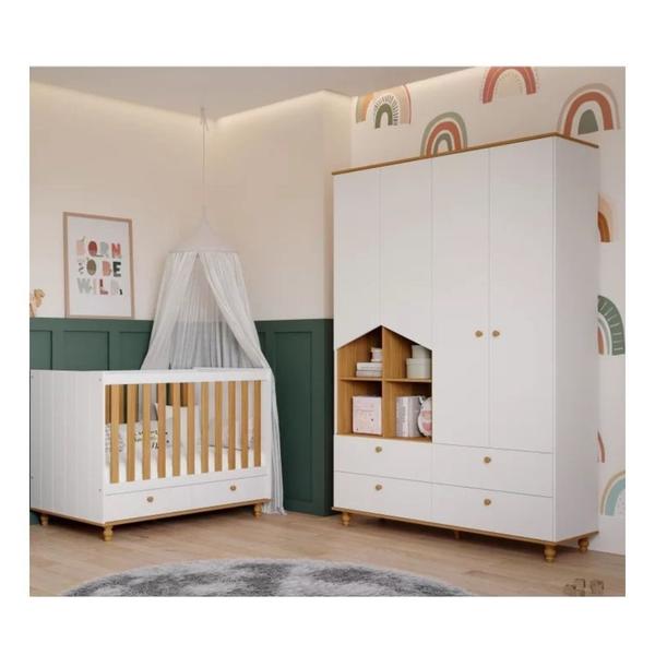 Imagem de Quarto Bebê Berço e Guarda Roupa 4 Portas 2 Gavetas Casinha Permobili