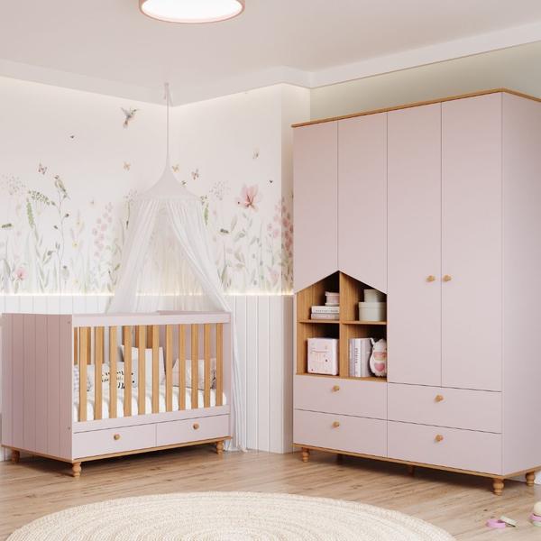 Imagem de Quarto Bebê Berço e Guarda Roupa 4 Portas 2 Gavetas Casinha Permobili