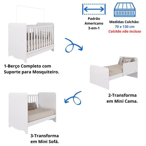 Imagem de Quarto Bebê Completo Berço Americano Bem 3 em 1 Guarda Roupas 3 Portas Cômoda Bolinha 100% MDF