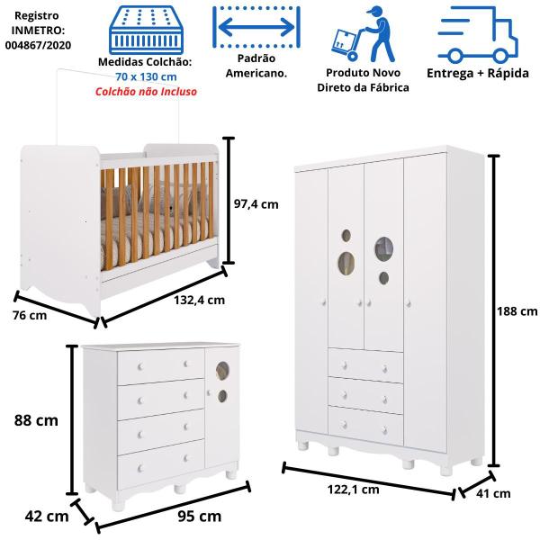 Imagem de Quarto Bebê Completo Berço Americano Bem 3em1 Guarda Roupas 4 Portas Cômoda 1 Porta Bolinha 100% MDF