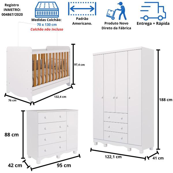 Imagem de Quarto Bebê Completo Berço Americano Bem 3em1 Guarda Roupas 4 Portas Cômoda 1 Porta Junior 100% MDF