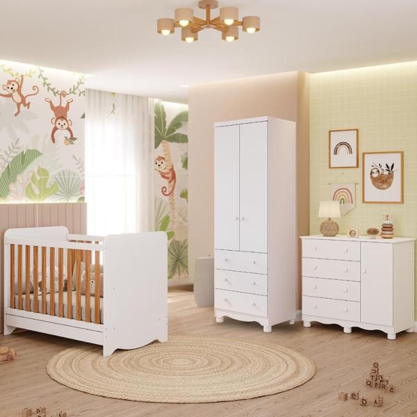 Imagem de Quarto Bebê Completo Berço Americano  Ben 3 em 1 Guarda Roupas 2 Portas Cômoda Junior 100% MDF