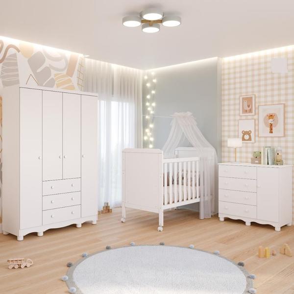 Imagem de Quarto Bebê Completo Berço Americano Cloe 2 em 1 Guarda Roupas 4 Portas Cômoda Junior 100% MDF