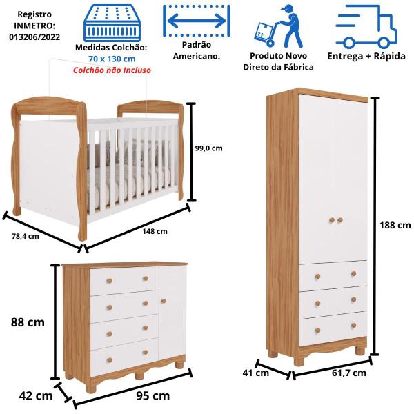 Imagem de Quarto Bebê Completo Berço Americano Marquesa 3 em 1 Guarda Roupas 2 Portas Cômoda Junior 100% MDF