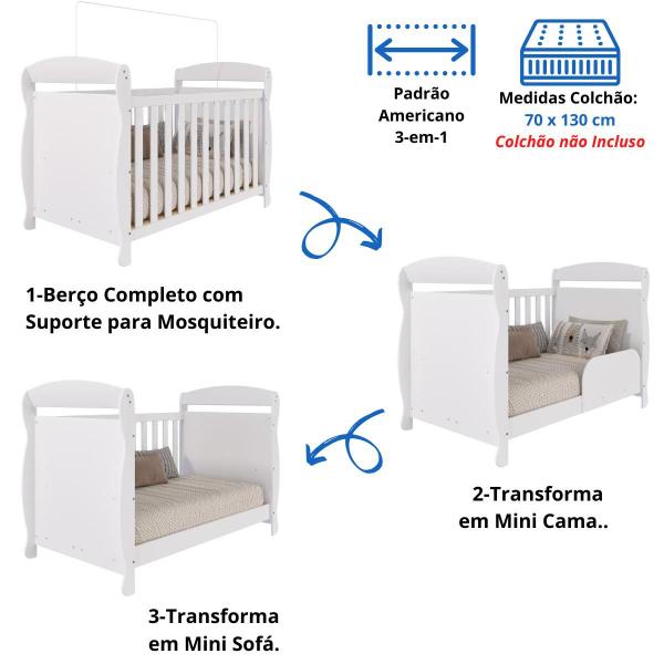 Imagem de Quarto Bebê Completo Berço Americano Marquesa 3Em1 Guarda Roupa Bolinha 3 Portas 3 Gavetas 100% MDF