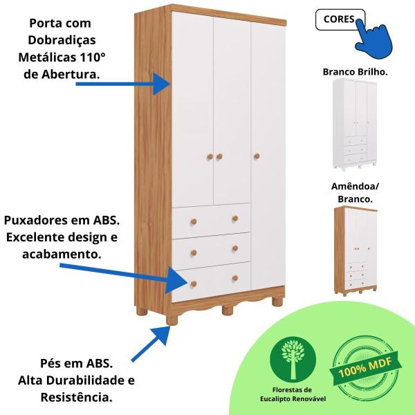 Imagem de Quarto Bebê Completo Berço Americano Marquesa 3em1 Guarda Roupas 3 Portas 3 Gavetas Junior 100% MDF