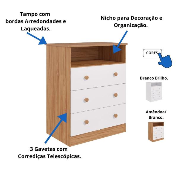 Imagem de Quarto Bebe Completo Berço Americano Uli Guarda Roupa 2 Portas Uli Gaveteiro 3 Gavetas Smim 100% MDF