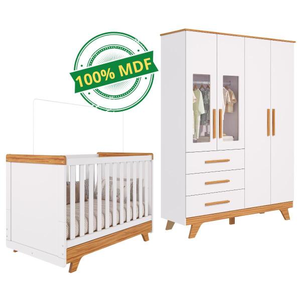 Imagem de Quarto Bebê Retrô Janelado Completo Berço Americano 2 Em 1 Guarda Roupa 4 Portas 3 Gavetas 100% MDF Móveis Peroba