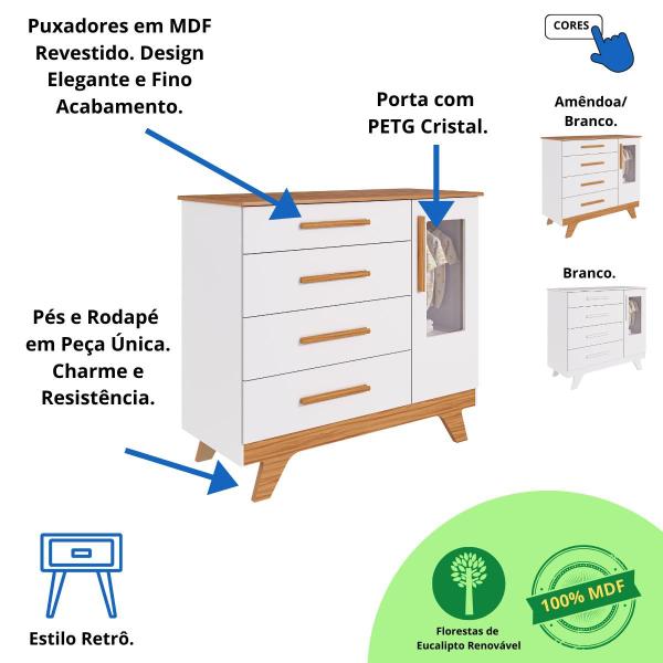 Imagem de Quarto Bebê Retrô Janelado Completo com Guarda Roupa 4 Portas Berço Mini Cama Cômoda 4 Gavetas 100% MDF Móveis Peroba