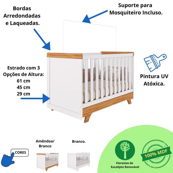 Imagem de Quarto Bebê Retrô Janelado Completo com Guarda Roupa 4 Portas Berço Mini Cama Cômoda 4 Gavetas 100% MDF Móveis Peroba