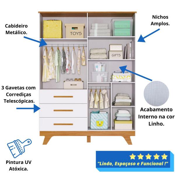 Imagem de Quarto Bebê Retrô Janelado Completo Guarda Roupa 4 Portas 3 Gavetas Cômoda 4 Gavetas 1 Porta 100% MDF Móveis Peroba