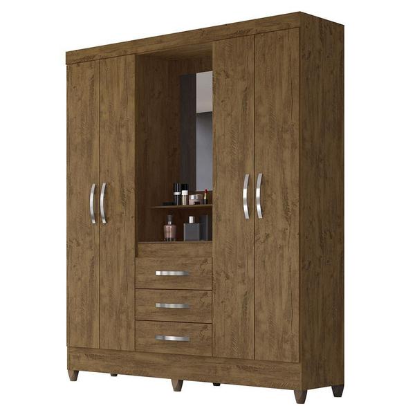 Imagem de Quarto Casal com Guarda Roupa Capri 4 Portas 3 Gavetas Cômoda Sapateira Vênus 1 Porta 3 Gavetas Castanho Wood Moval