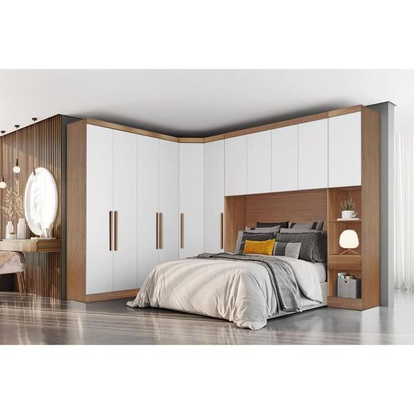 Imagem de Quarto Casal Modulado Rizon 5 Peças (1 Armário Ponte + 1 Closet + 2 Guarda Roupas + 1 Complemento) QC202 Freijo Cumaru c/ Fendi - Novo Horizonte