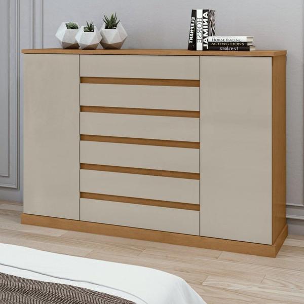 Imagem de Quarto com Guarda-roupa 2 Portas 2 Gavetas, Cômoda 2 Portas 7 Gavetas e Cama Casal Athenas Amêndoa Clean/Off White/Amêndoa Clean