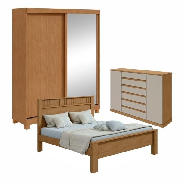 Imagem de Quarto com Guarda-roupa Casal 2 Portas 2 Gavetas, Cômoda 2 Portas 7 Gavetas e Cama Athenas Amêndoa Clean/Off White/Amêndoa Clean