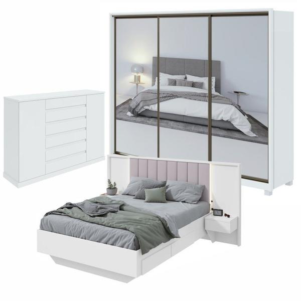 Imagem de Quarto com Guarda-Roupa com 3 Espelhos 3 Portas 6 Gavetas, Cômoda 2 Portas 7 Gavetas e Cama Solaris Branco