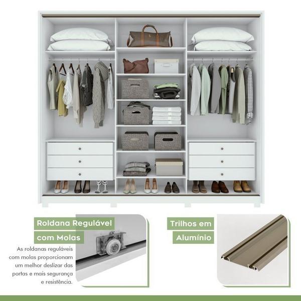 Imagem de Quarto com Guarda-Roupa com Espelho 3 Portas 6 Gavetas, Cômoda 2 Portas 7 Gavetas e Cama Solaris Branco