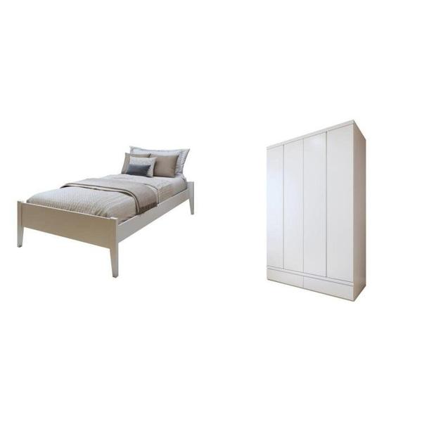 Imagem de Quarto Completo com Cama Solteiro 90cm Turca e Guarda-Roupa 4 Portas 5 Gavetas Urbano Branco